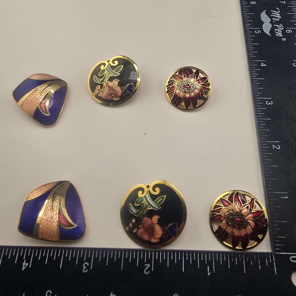 Vintage Estate Cloisonne Enamel Clip On Earrings Blue Red Black Floral Set